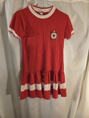 Girls' Red Ringer Short Sleeve Casual Dress with Stripe Hem